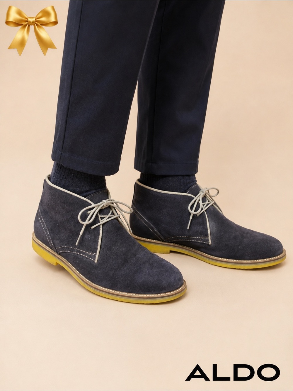 ALDO Blue Suede High Top Casual Chukka Boots Shoes Yellow Heels Size 11
